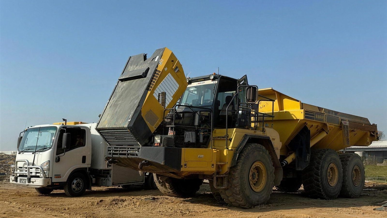 EMTR truck arriving beside an articulated hauler on site